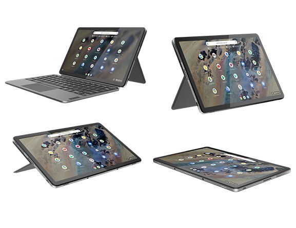 Four Lenovo Duet Chromebook Education Edition 2-in-1 Chromebooks, showing the four ways to use it: laptop, tablet, stand, and tent mode.