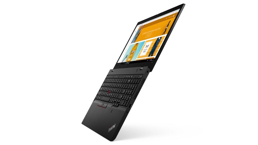 Lenovo ThinkPad L15 Gen 2 (15” AMD) laptop—right side view, tilted with lid open 180 degrees