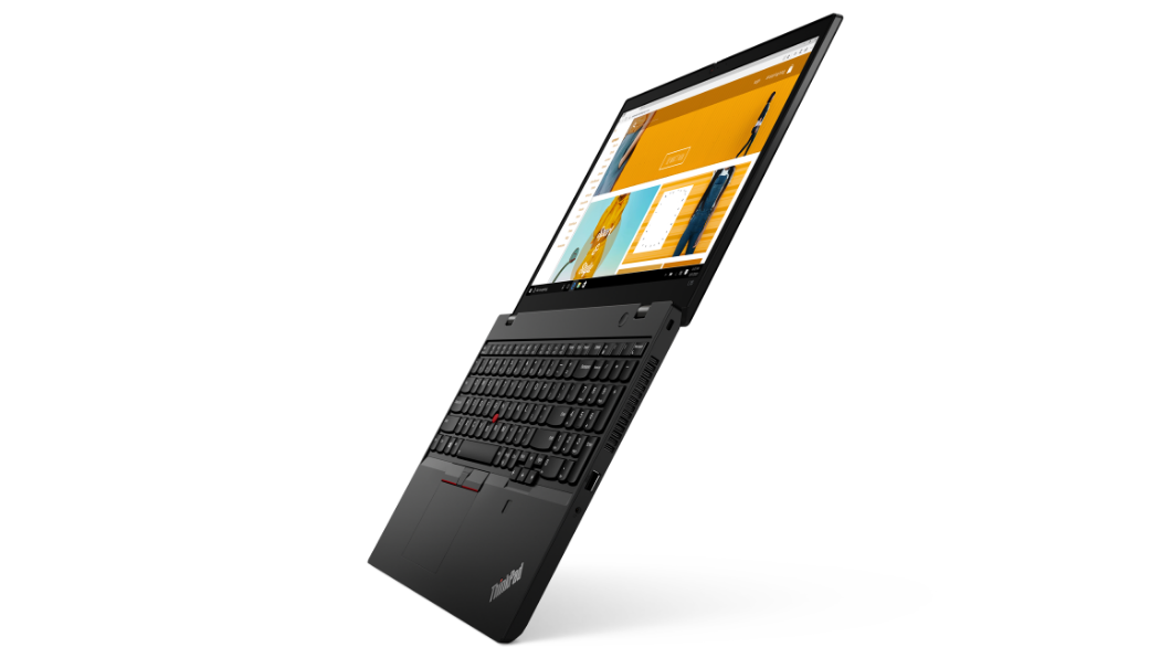Vue de droite du portable Lenovo ThinkPad L15 Gen 2 (Intel) ouvert à 180 degrés.