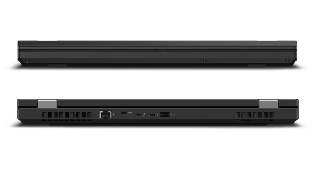 Twee dichtgeklapte Lenovo ThinkPad P15-laptops met zicht op de voor- en achterkant van de computers