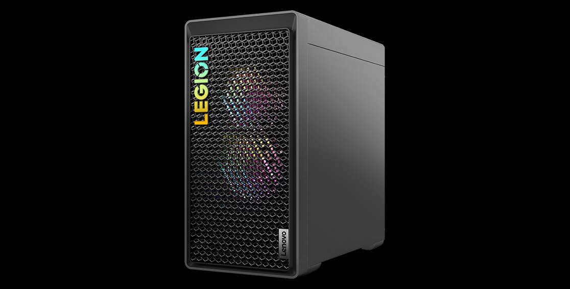 Front-right corner of the battlestation-like Legion Tower 5 Gen 8 (AMD), viewed head-on, revealing the mesh-vented front panel, interior RGB lighting, and illuminated logo.