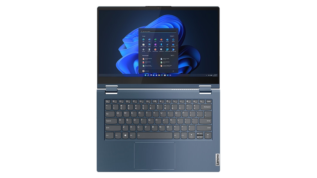 Vista superior del portátil 2-en-1 Lenovo ThinkBook 14 Yoga de 3.ª generación en color Abyss Blue, abierto en un ángulo de 180 grados con la pantalla y el teclado visibles.
