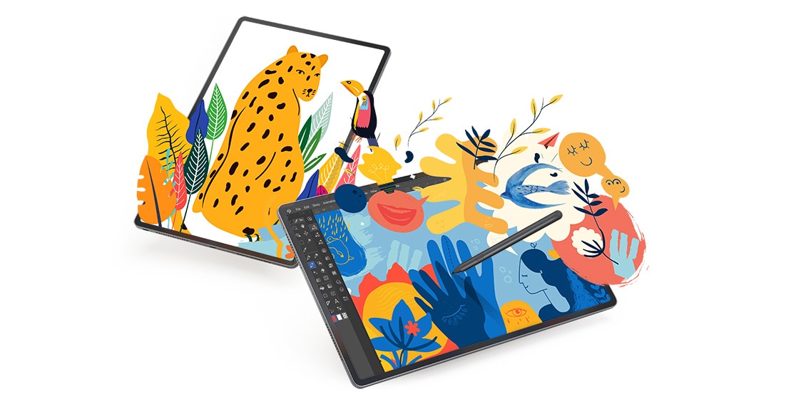 Two side-facing Lenovo Tab Extreme tablets, one vertical, the other horizontal, both showing colorful animated characters appearing to break through the screens