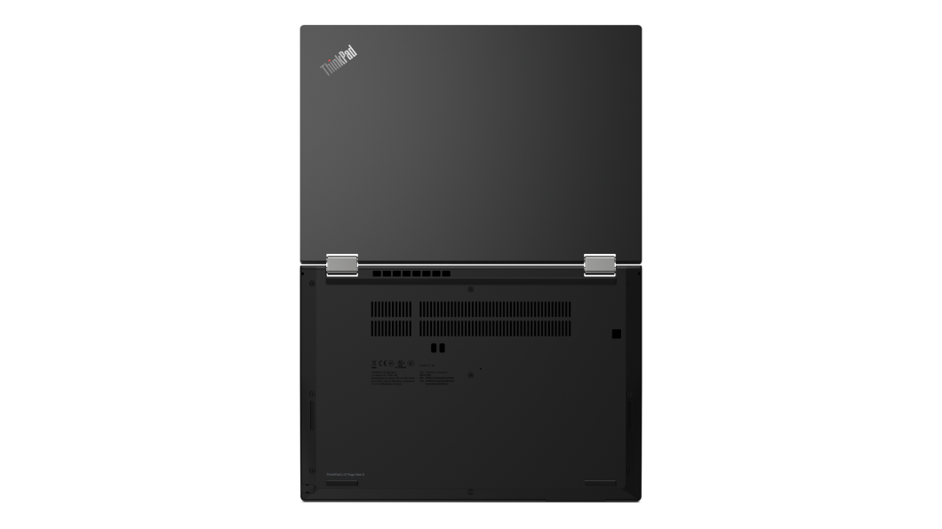 Rear view of black Lenovo ThinkPad L13 Yoga Gen 2 open 180 degrees