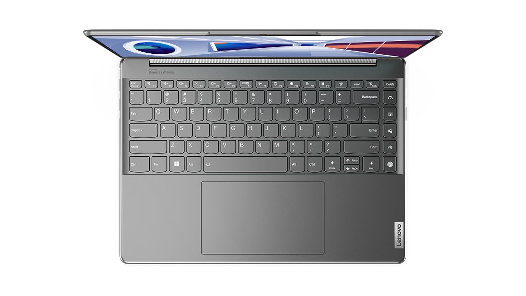 Vue de dessus du portable Yoga 9i Gen 8 2-en-1, coloris Storm Grey, ouvert en mode portable, montrant le clavier