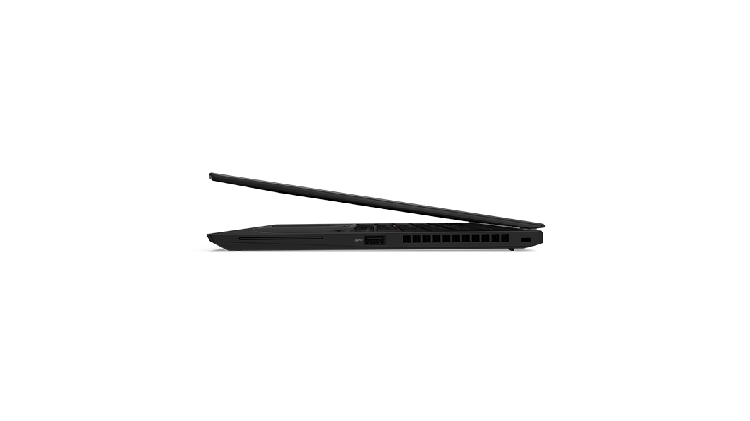 Perfil do portátil Lenovo ThinkPad T14s (2.ª geração) em Black, aberto a cerca de 10 graus, a mostrar as portas do lado direito.