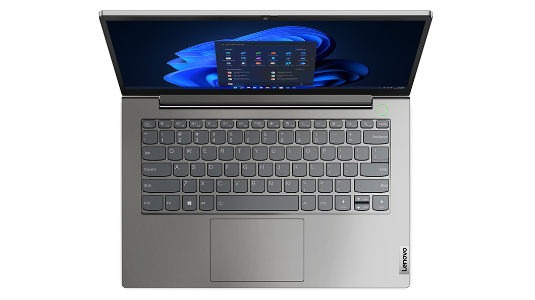 Overhead shot of the Lenovo ThinkBook 14 Gen 5 (14ʺ AMD) laptop with emphasis on keyboard.