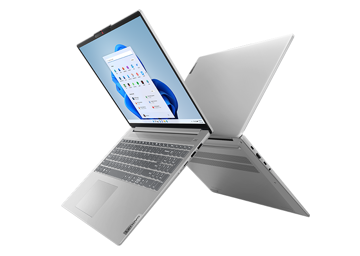 Two IdeaPad Slim 5 Gen 8 laptops with lids open at ninety degrees, floating back-to-back.