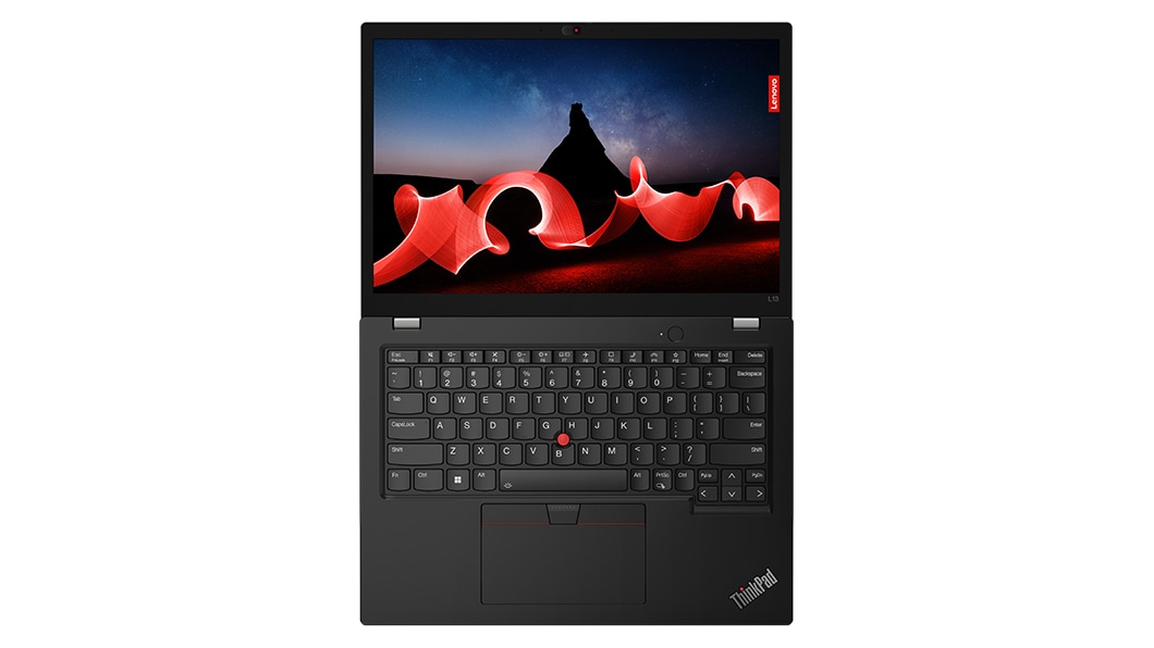 Vue de dessus du Lenovo ThinkPad L13 Gen4, ouvert à 180 degrés, face vers le haut, montrant le clavier et l’écran.