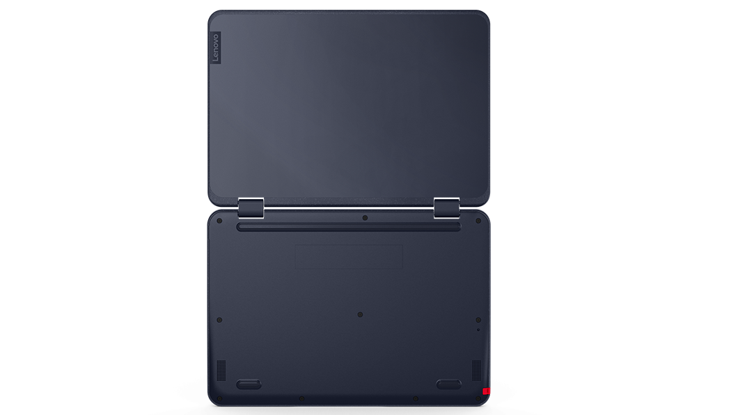 Overhead shot of Lenovo 300w Gen 3 laptop open 180 degrees, showing top and bottom sides.