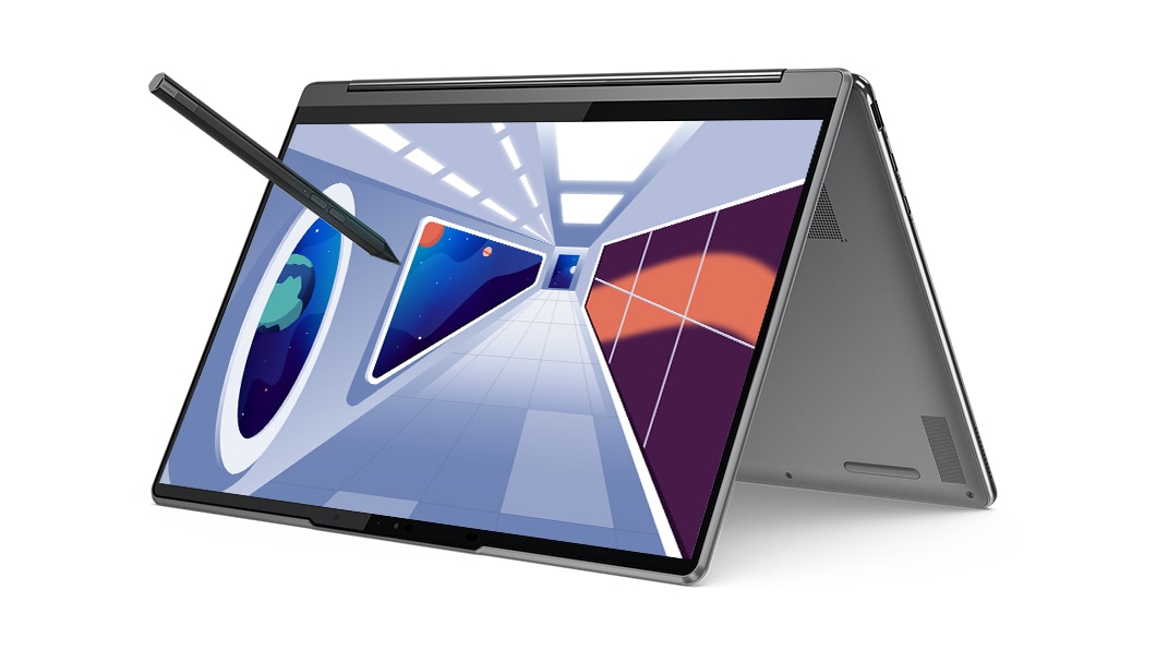 Right-side-facing Yoga 9i Gen 8 2-in-1 laptop, Storm Grey color, opened in tent mode, showing display with animated space ship corridor and a Lenovo Precision Pen 2 stylus (included)