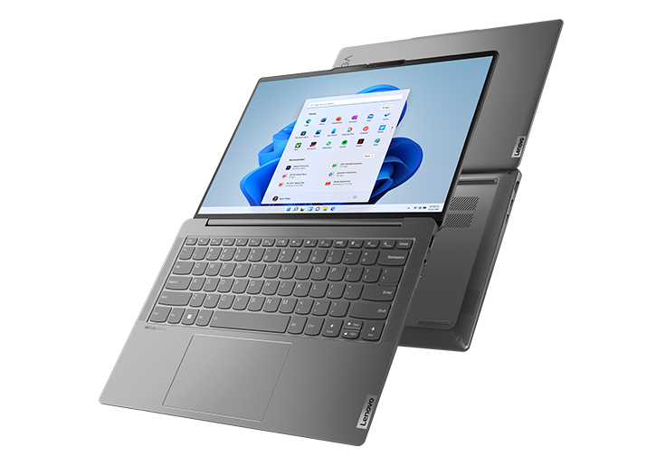 Yoga Slim 6i Gen 8 Notebook, im 180-Grad-Modus nach links gerichtet und im 180-Grad-Modus nach rechts gerichtet.