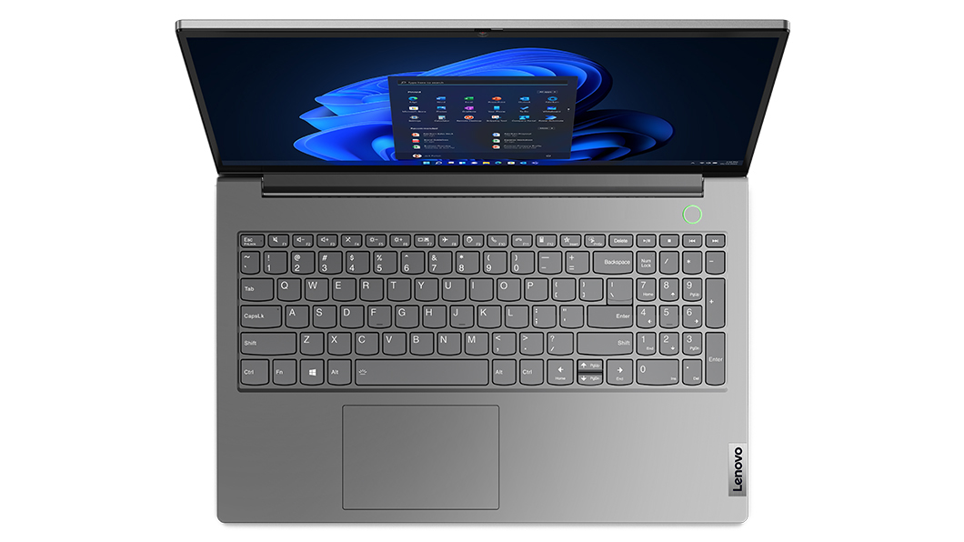 Overhead shot Lenovo ThinkBook 15 Gen 5 (15ʺ AMD) laptop open 90 degrees, with emphasis on keyboard.