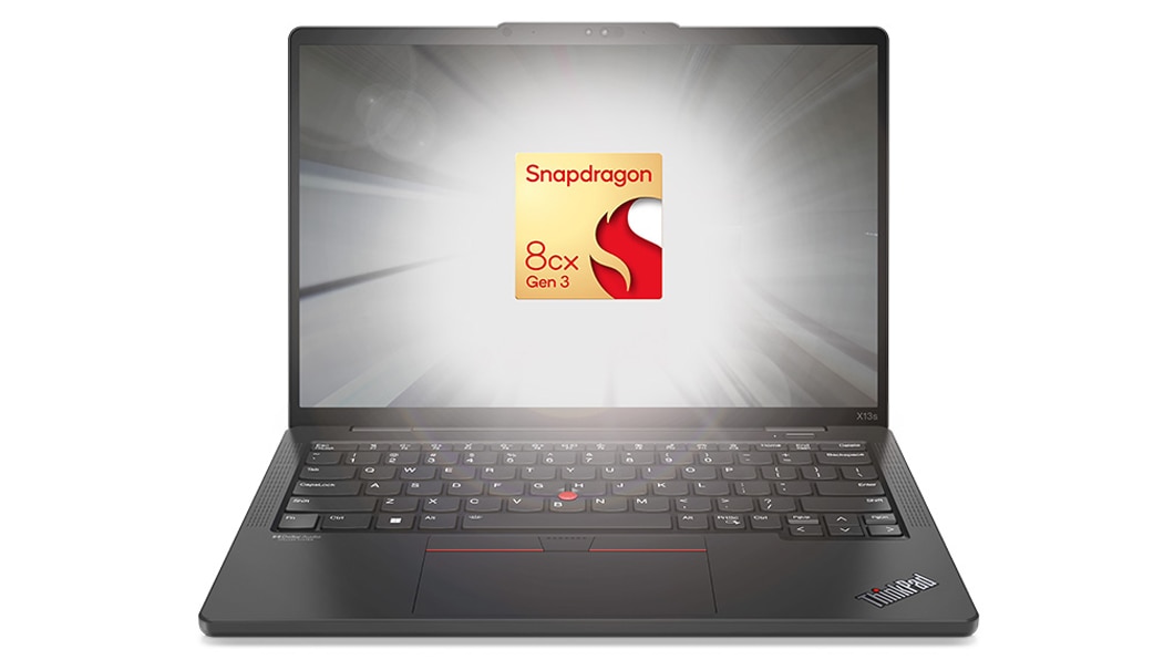 Lenovo ThinkPad X13s ‑kannettava edestä kuvattuna, keskipisteessä 13,3'' näyttö, Windows 11 Pron aloitusvalikko näkyvissä.