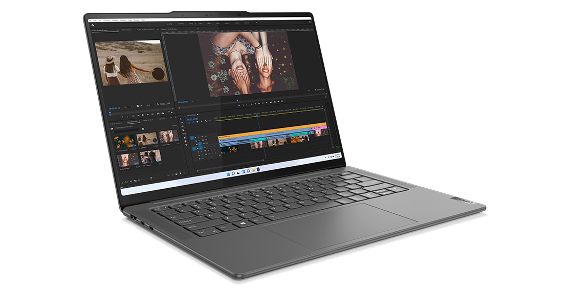Yoga Pro 7 Gen 8 laptop with video editing software open on the display