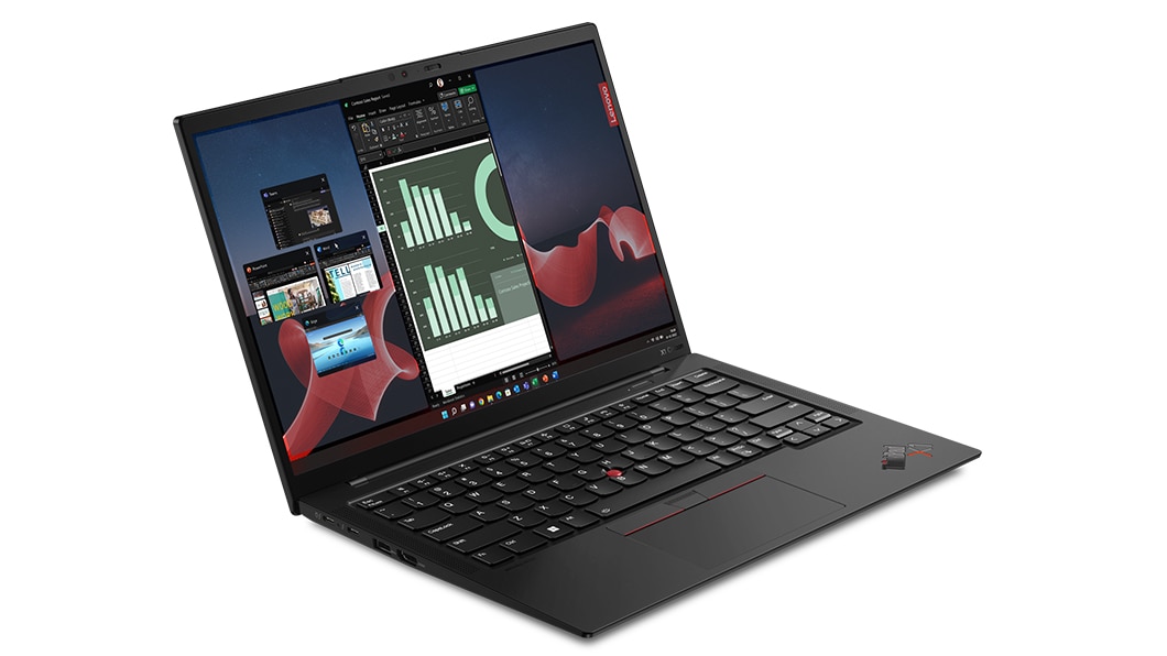 Lenovo ThinkPad X1 Carbon Gen 11 ‑kannettava vinottain kuvattuna niin, että vasemmanpuoleiset liitännät, näppäimistö ja näyttö näkyvät.