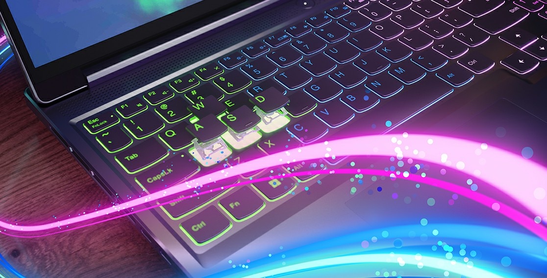 Close up of Legion Slim 5i Gen 8 laptop RGB keyboard and key caps