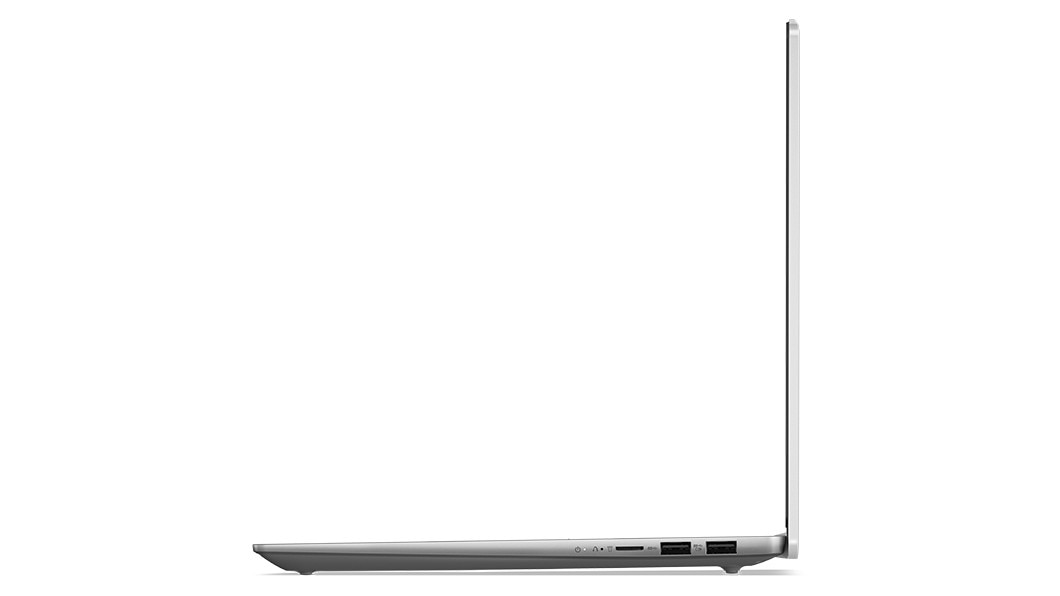 Vue du profil gauche du portable IdeaPad Slim 5i Gen 8 ouvert à 90 degrés, montrant les bords du clavier, le capot supérieur et les ports du côté gauche