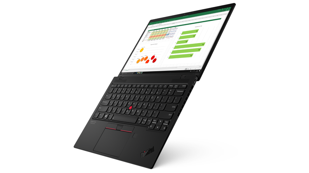 Right angled view of the ThinkPad X1 Nano laptop opened flat