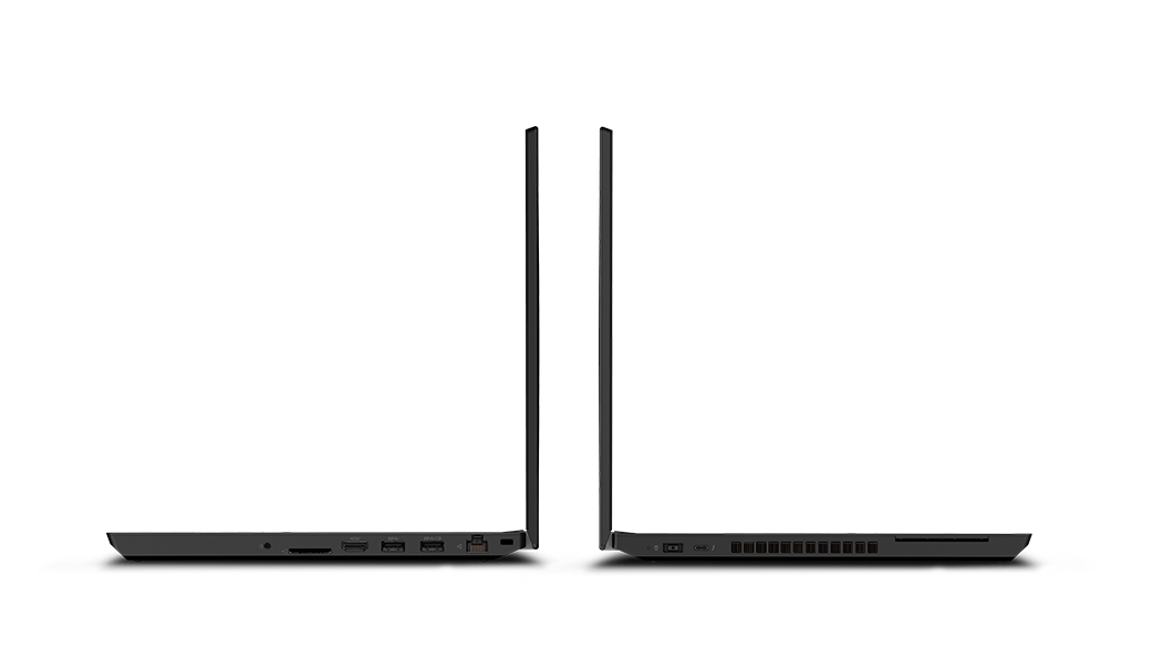Profielaanzicht van twee Lenovo ThinkPad T15p Gen 2 mobile workstations met de rug tegen elkaar en de linker- en rechterpoorten zichtbaar.