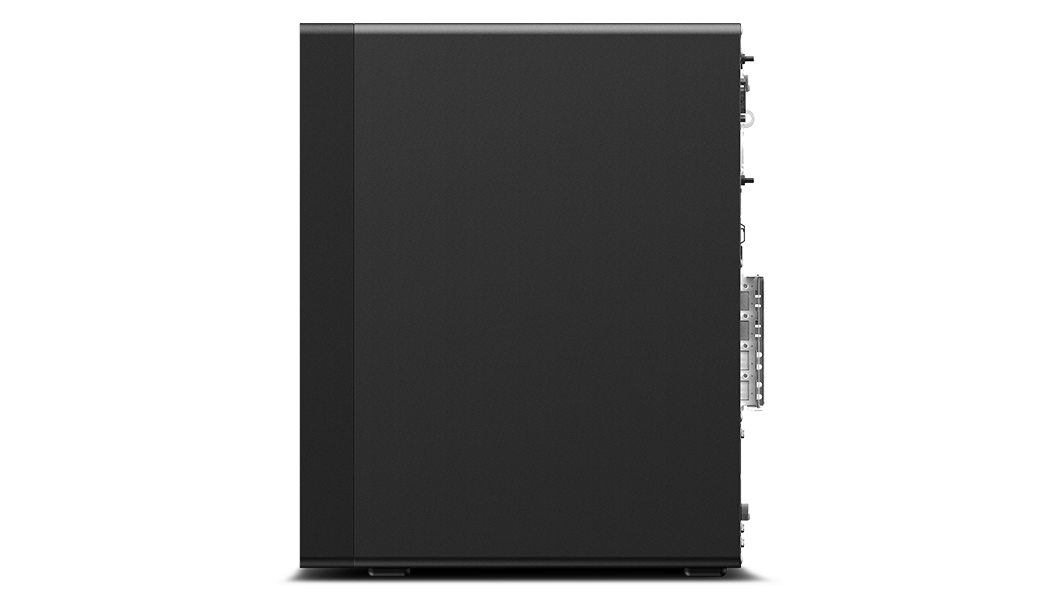 Framåtvänd Lenovo ThinkStation P358 tornarbetsstation med höger panel synlig