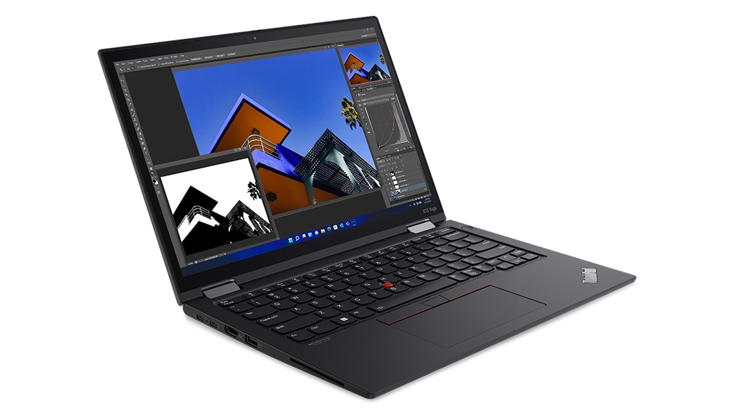 Ansicht des ThinkPad Yoga X13 Gen 3 (13'' Intel) von links, um 90 Grad geöffnet, im Laptop-Modus, mit Blick auf Display und Tastatur