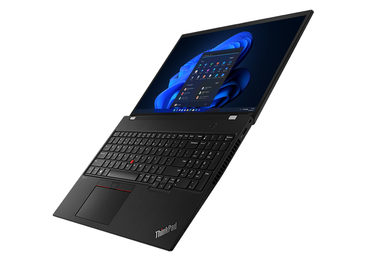 Side-facing Lenovo ThinkPad P16s Gen 2 (16″ Intel) laptop, opened flat, floating at a 45-degree angle, showing display & keyboard