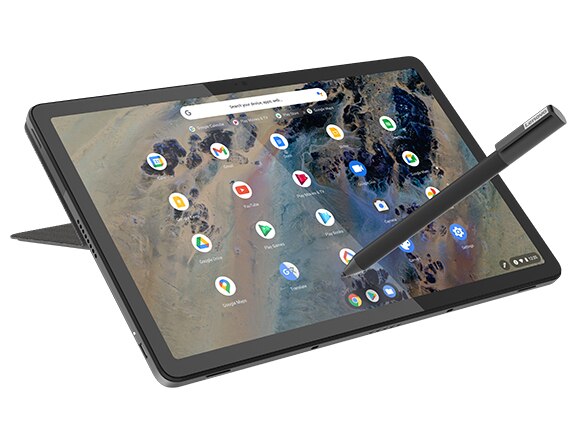Vue latérale du Chromebook Duet Lenovo Education Edition 2-en-1 en mode tablette, montrant un stylet (en option, non fourni) touchant l’écran