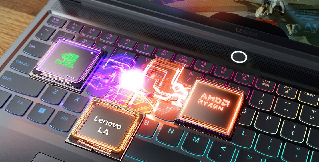 AMD, NVIDIA, and Lenovo logos, glowing and connected by strands of light, hover above the keyboard of the Lenovo Legion Slim 7 Gen 8 (16