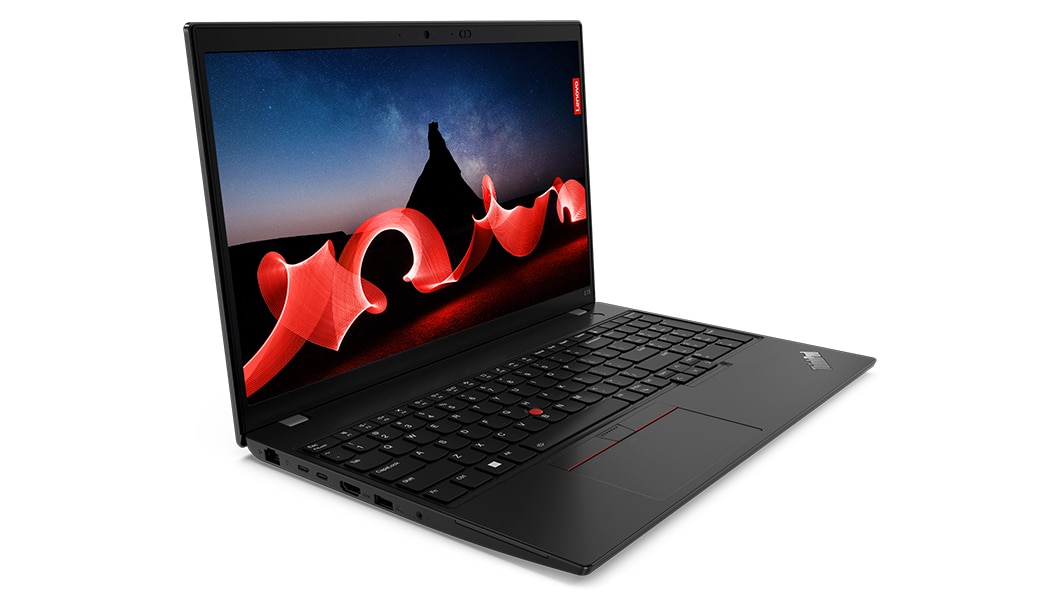 Lenovo ThinkPad L15 Gen 4 (15” Intel) laptop—front-left view, lid open, with screensaver image on the display showing desert scene at night with red motion graphics superimposed