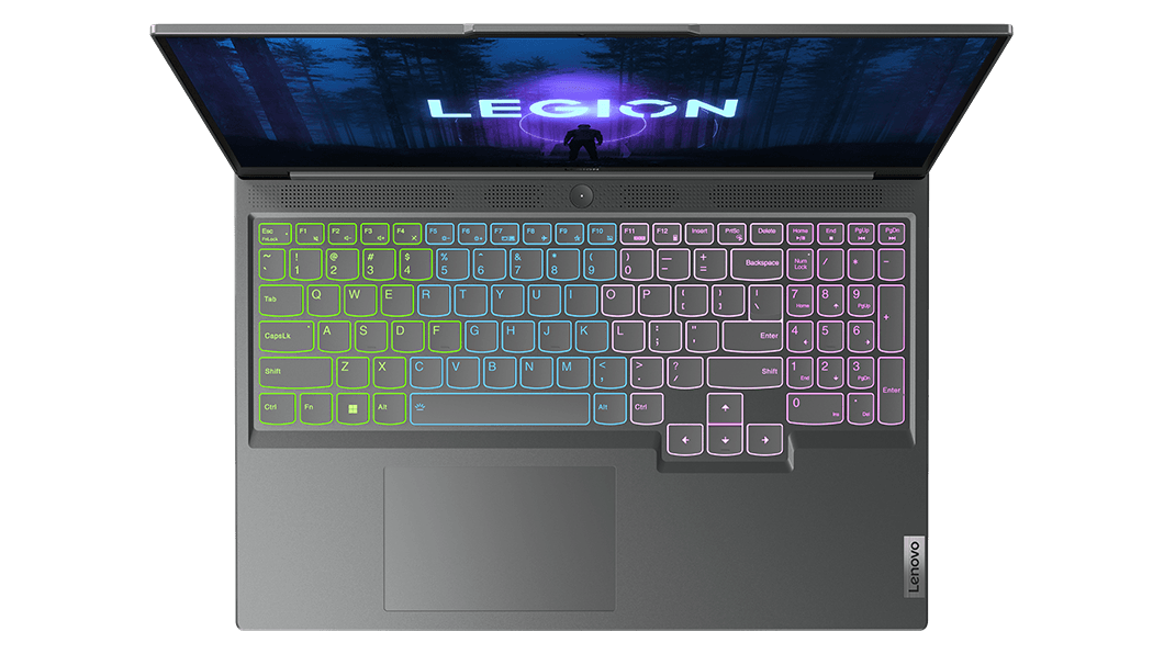 Top-down view of Storm Grey Legion Slim 5i Gen 8 laptop with RGB keyboard