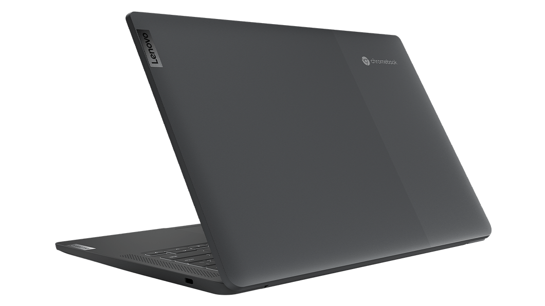 IdeaPad 5i Chromebook Gen 6 (14”  Intel), aanzicht rechtsachter met open bovenklep en een deel van het toetsenbord zichtbaar