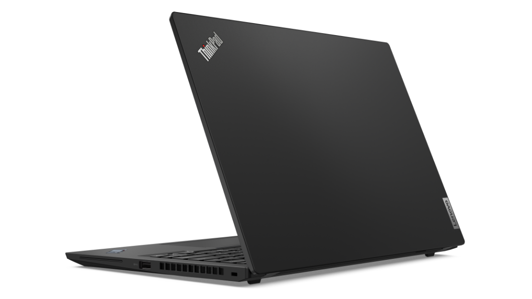 Lenovo ThinkPad X13 Gen 2 (13'' AMD) Notebook – Dreiviertelansicht von rechts hinten, mit teilweise geöffnetem Deckel