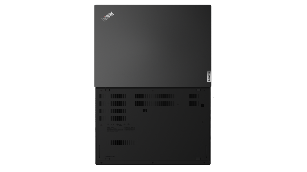 Lenovo ThinkPad L14 Gen 2 (14”, AMD) ‑kannettava – alhaalta ja takaa kuvattuna, kansi 180 astetta avattuna