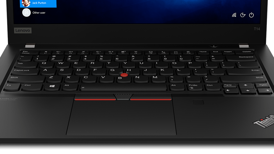 Nærbilde av TrackPoint og TrackPad på Lenovo ThinkPad T14 Gen 2 (14'' AMD) bærbar PC, i svart.