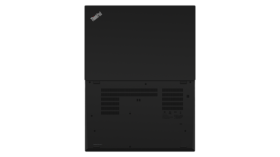 Notebook professionale Lenovo ThinkPad P15s di seconda generazione (15'' Intel) completamente aperto, vista dal basso