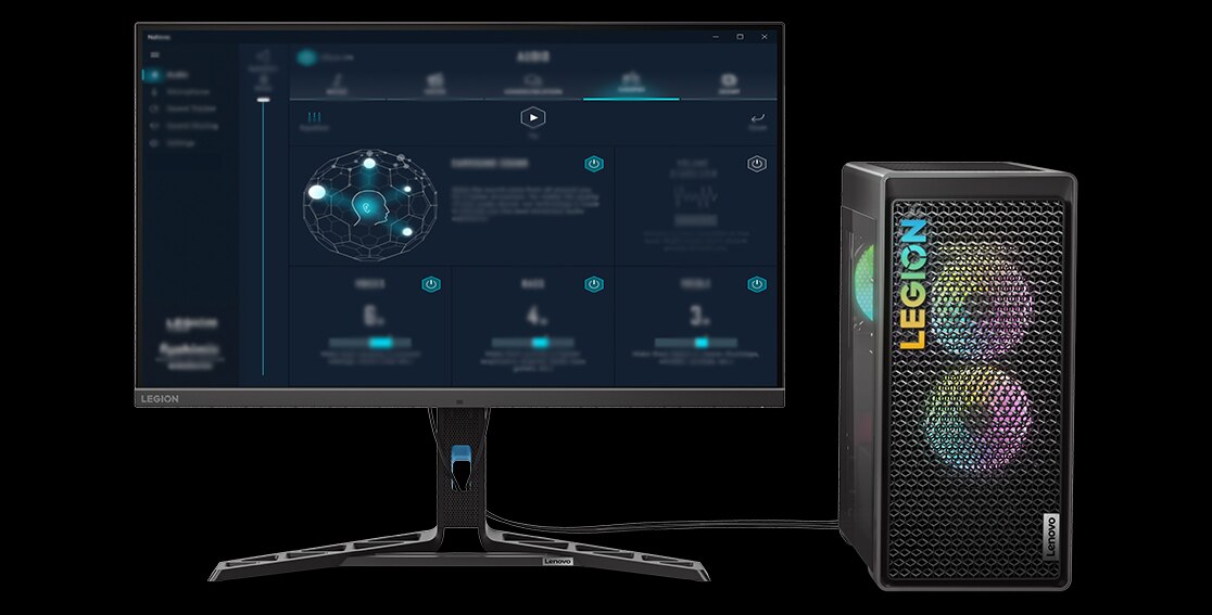 Photo illustration showing the Nahimic 3D audio software interface on a monitor attached to the Legion Tower 5 Gen 8 (AMD) gaming PC