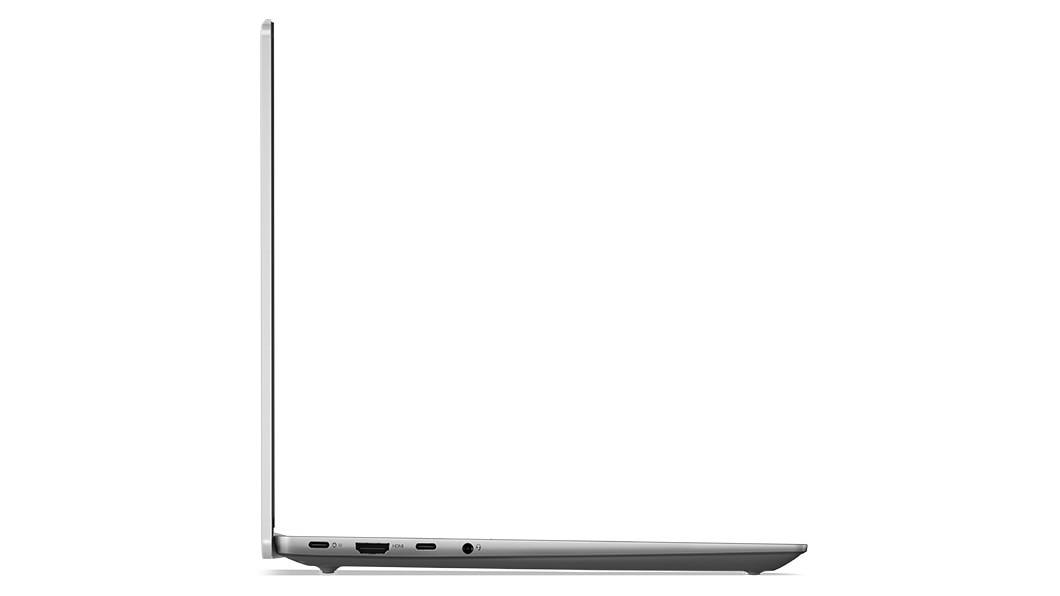 Bærbar PC med IdeaPad Slim 5i Gen 8 sett i profil fra høyre, åpen 90 grader, viser kanter av tastatur og toppdeksel og porter på høyre side