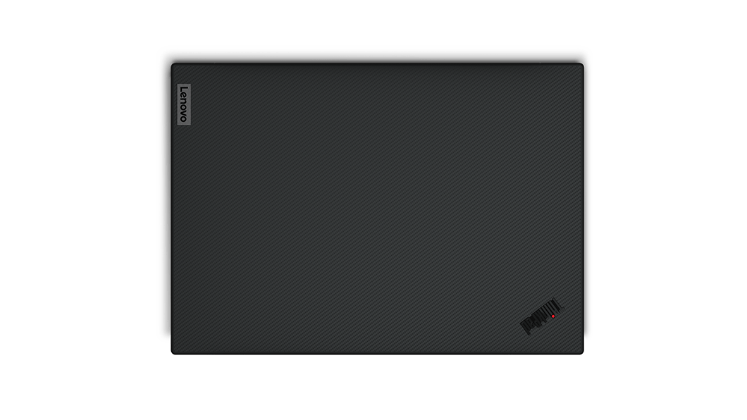 Toppdeksel med karbonfibervev på Lenovo ThinkPad P1 Gen 4 mobil workstation.