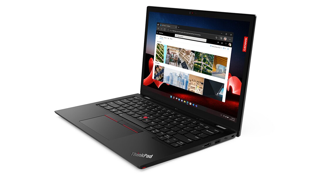 Profil droit du Lenovo ThinkPad L13 Yoga Gen4 en mode portable, ouvert à 90 degrés