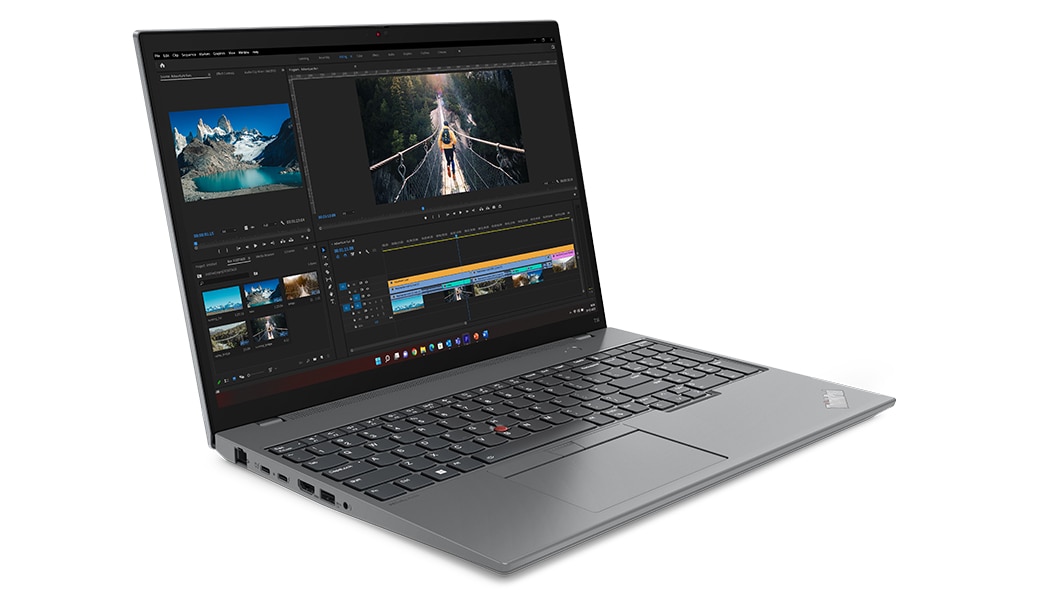 Lenovo ThinkPad T16 Gen 2 (14ʺ Intel) laptop in Storm Grey, open 90 degrees, angled to show left-side ports, keyboard & display.