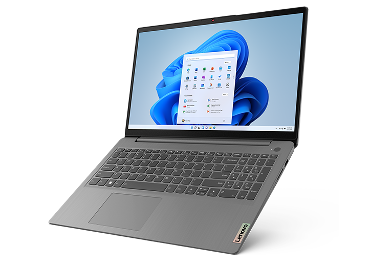 Arctic Grey IdeaPad 3i Gen 7 laptop tilted left, front-facing view