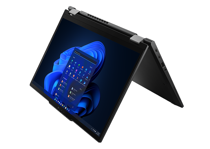 Portable 2-en-1 ThinkPad X13 Yoga Gen 4 en mode tente, vue avant droite plongeante