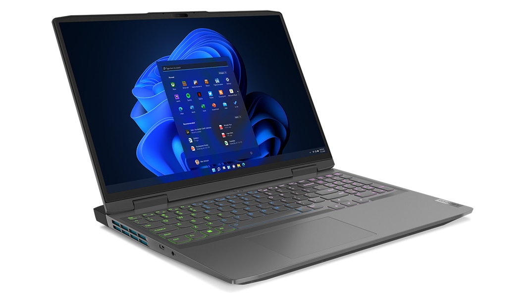 Lenovo LOQ 16APH8 laptop facing right with display on and RGB backlit keyboard