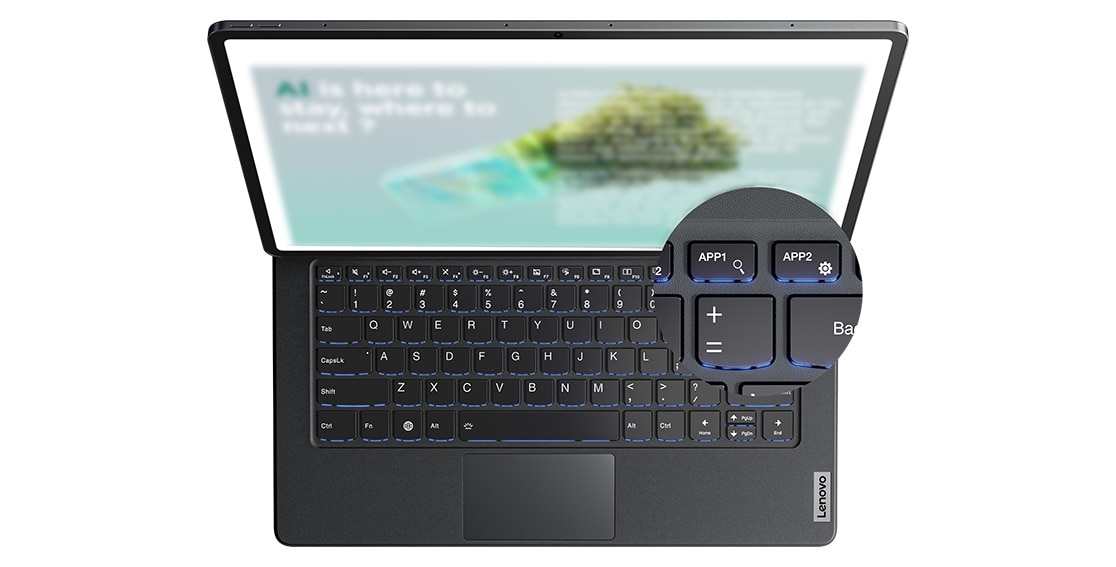 Vue de dessus de la tablette Lenovo Tab Extreme, avec le clavier Lenovo Tab Extreme en option, et un gros plan sur les touches de raccourci APP1 et APP2