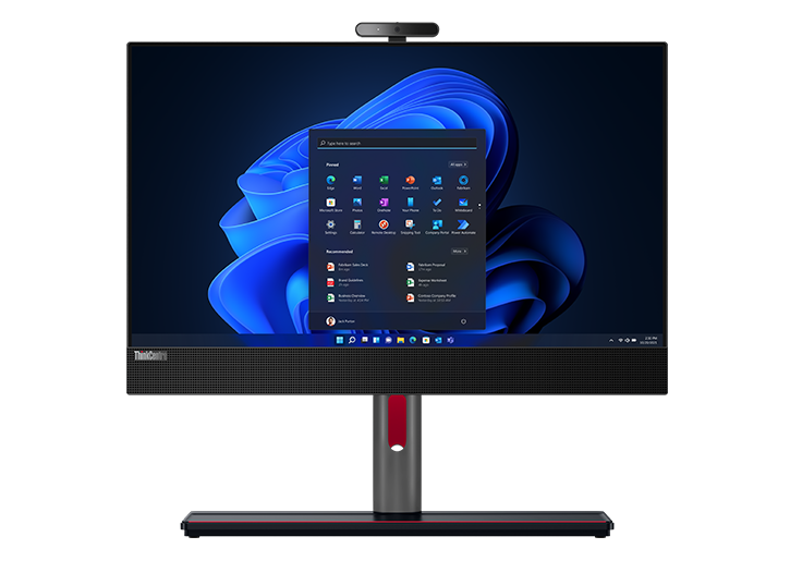 Vooraanzicht van Lenovo ThinkCentre M90a Pro Gen 3 all-in-one (23" Intel), met scherm en volledig functionele beeldschermstandaard zichtbaar