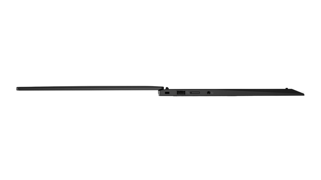 Left-side profile of Lenovo ThinkPad X1 Carbon Gen 11 laptop open 180 degrees. 