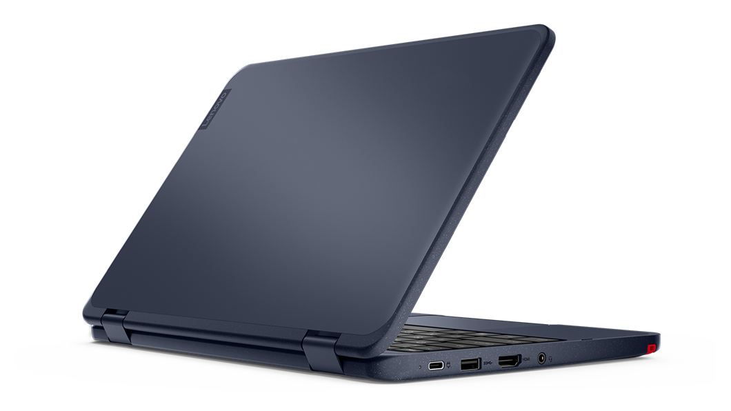 Rückansicht des Lenovo 500w Gen 3 2-in-1-Notebooks, um etwa 80 Grad geöffnet, Präsentation der Farbe „Blue“ mit gesprenkelter Oberfläche.