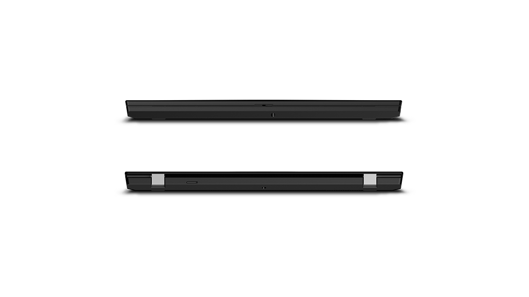 Lukket dæksel på Lenovo ThinkPad T15p Gen 2 set i profil forfra og bagfra.