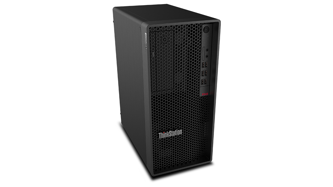 Overhead shot of Lenovo ThinkStation P348 Tower workstation showing front and left side.